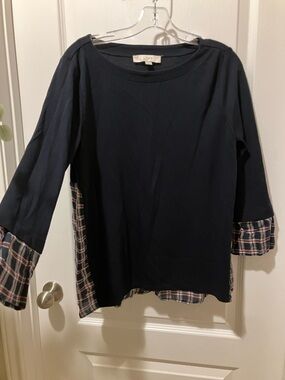 LOFT Navy Top with Plaid Trim